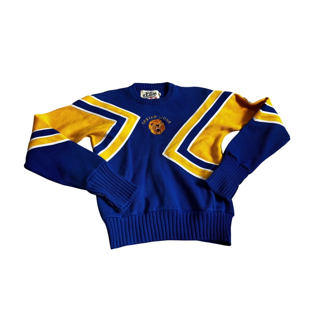 Vintage 80s Dehen Varsity Sweater Small Blue Yellow Dexter Lions Collegiate Knit